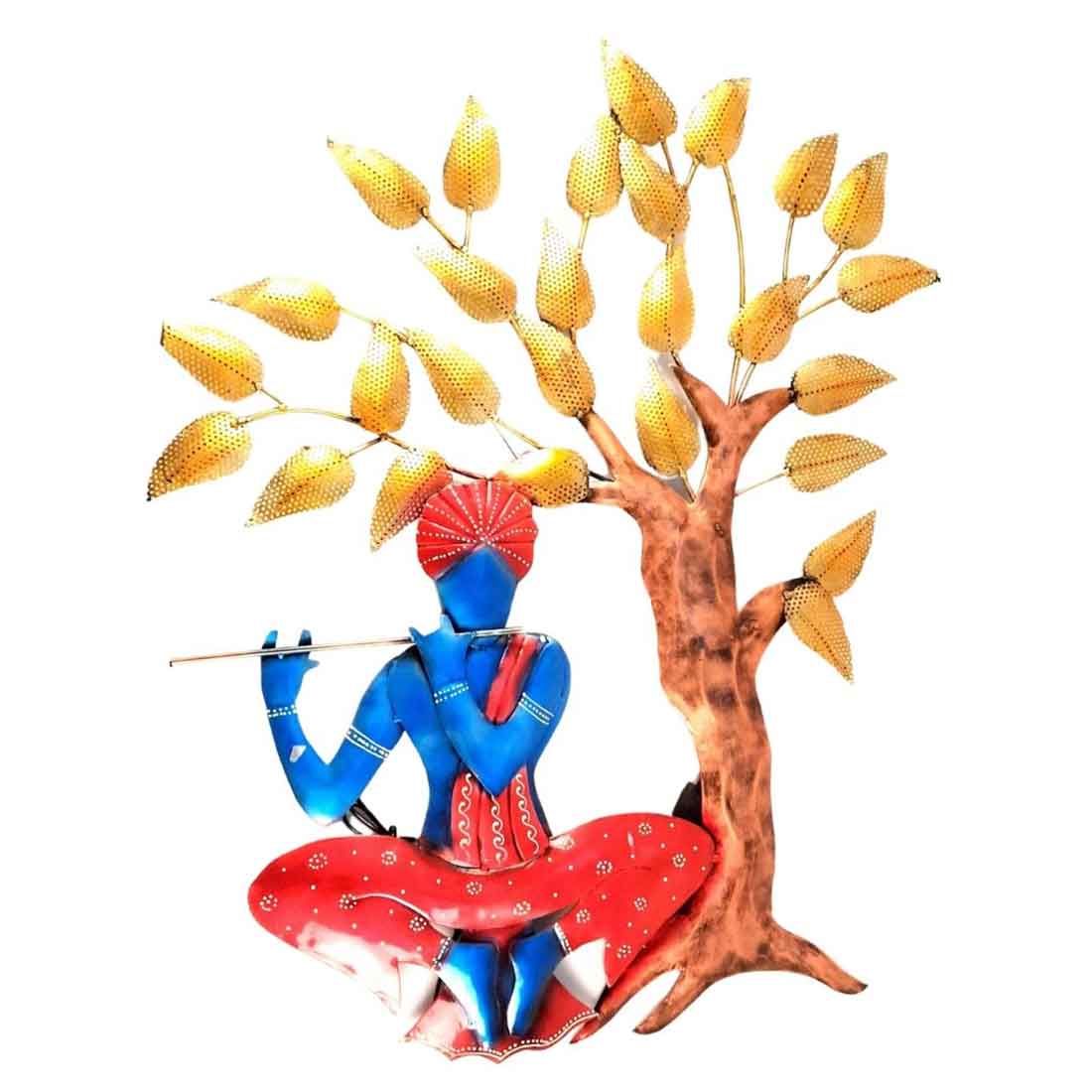 Wall Decor for Living Room | Metal Wall Art Krishna Sitting Under Tree - 31 Inch - ApkaMart