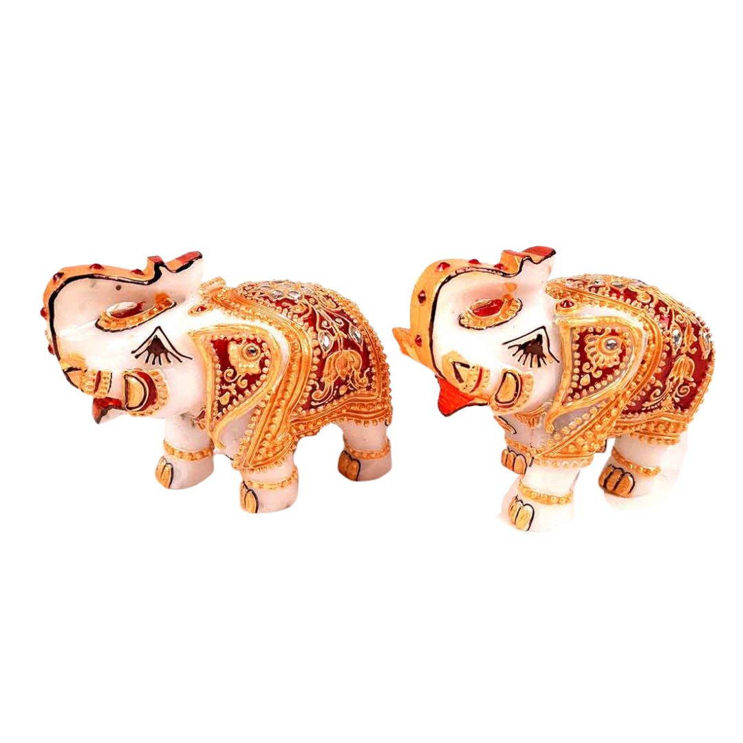 Marble Elephant Showpiece - For Home, Living Room & Table Decor - 4 Inch Set of 2 - ApkaMart