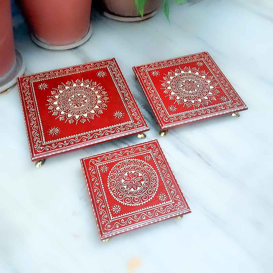 Puja Chowki Bajot | Wooden Chauki - For Pooja & Gifts - 8,10 & 12 Inch - Set of 3 - Apkamart #Style_Design 1