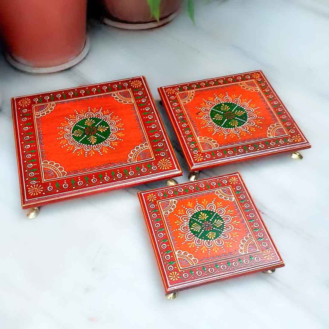 Wooden Pooja Bajot - Decorative Choki For Pooja & Festivals - 8,10 & 12 Inch- Set of 3 - Apkamart#color_Red