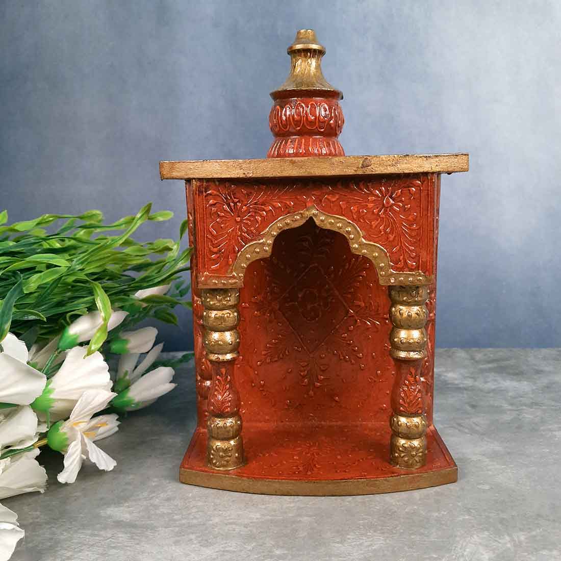 Home Temple for Worship | Puja Mandir Wooden | Pooja Stand / Unit Wall Hanging With Detachable Gumbad – For Home, Ghar, Office & Shop - 11 Inch