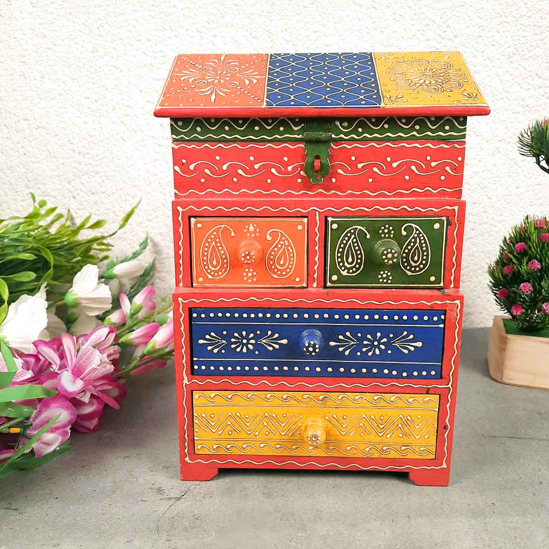 WoodenJewelryBox - 5 Drawerbox - Apkamart #color_Red