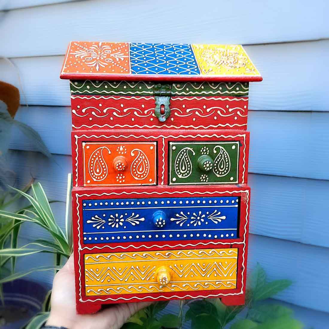 WoodenJewelryBox - 5 Drawerbox - Apkamart #color_Red