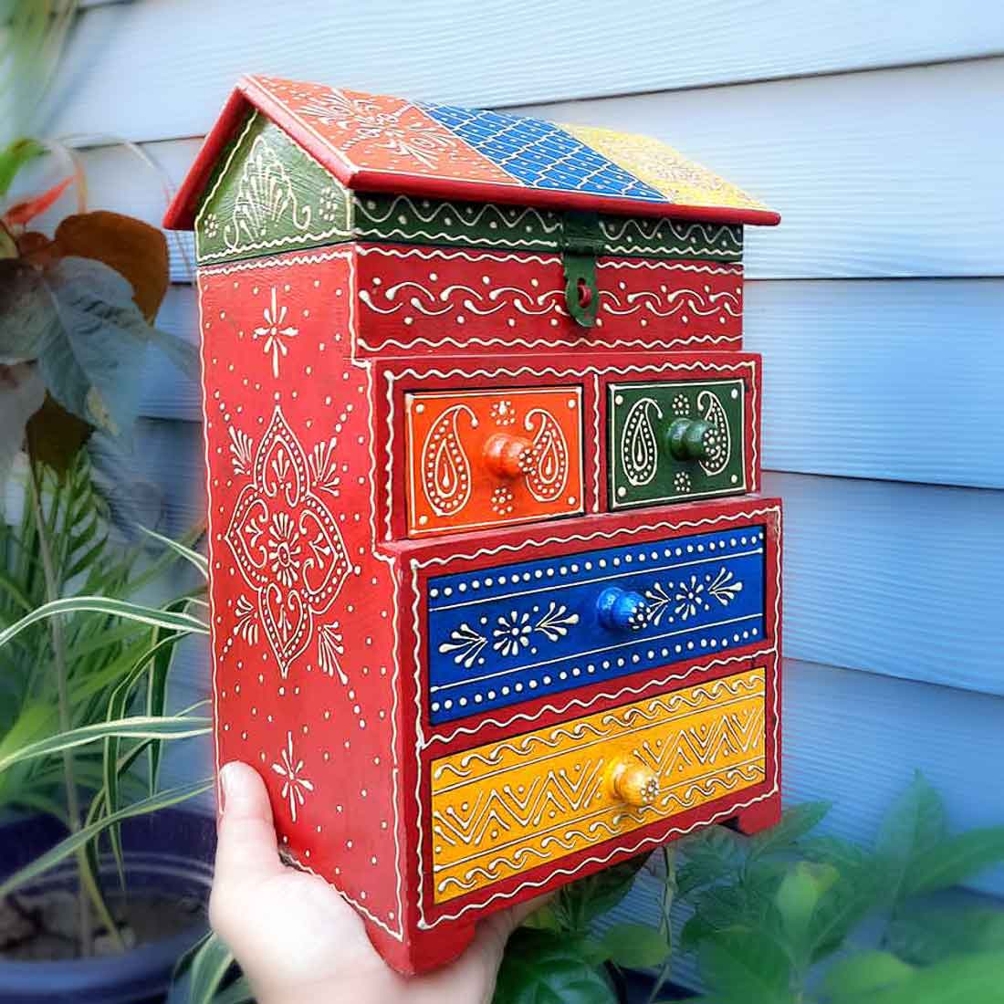 WoodenJewelryBox - 5 Drawerbox - Apkamart #color_Red