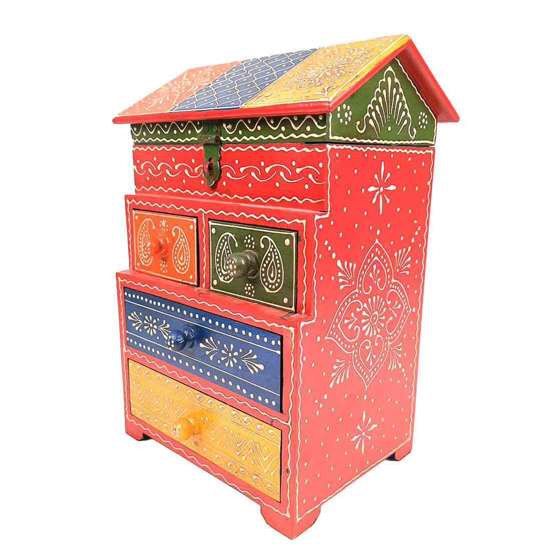 WoodenJewelryBox - 5 Drawerbox - Apkamart #color_Red