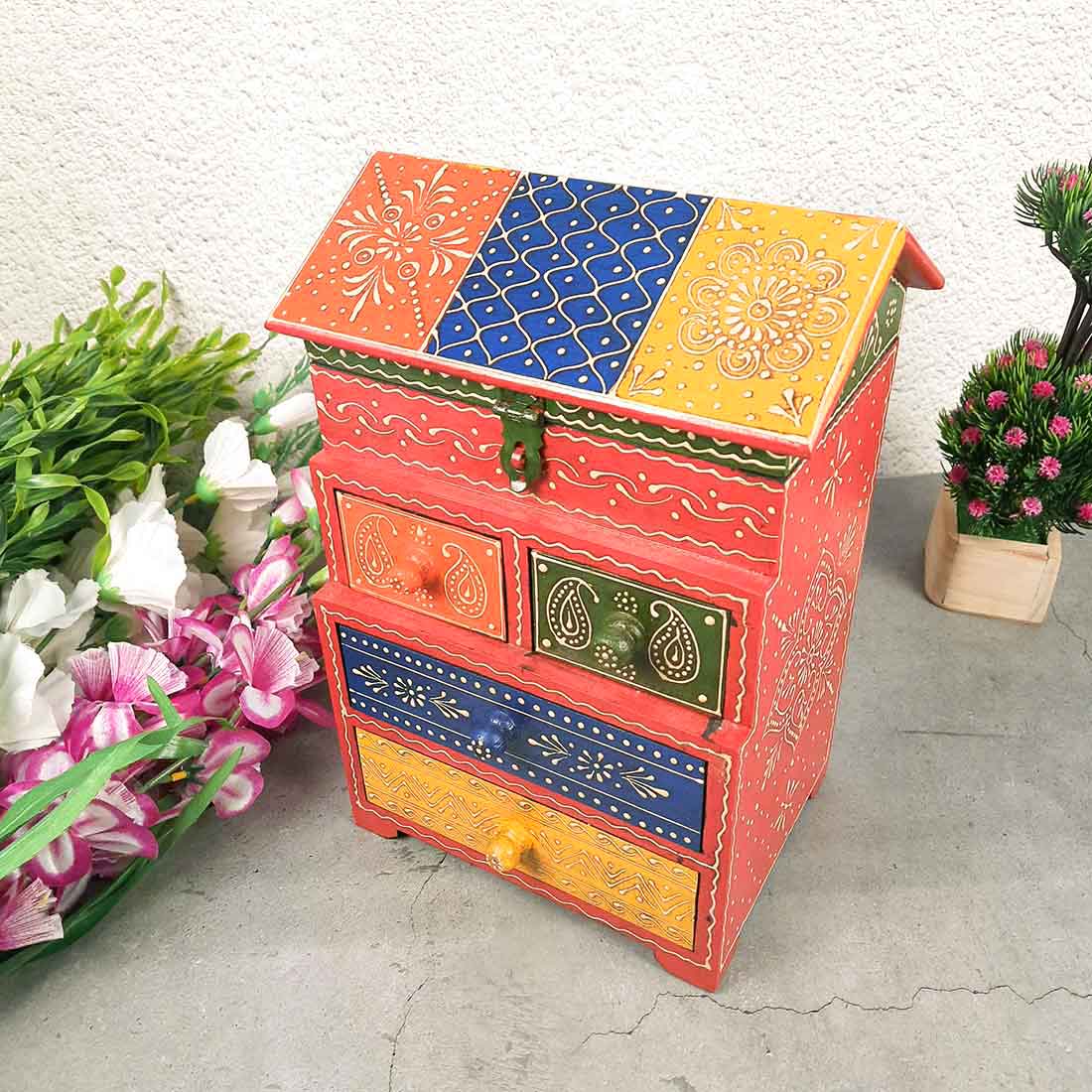 WoodenJewelryBox - 5 Drawerbox - Apkamart #color_Red