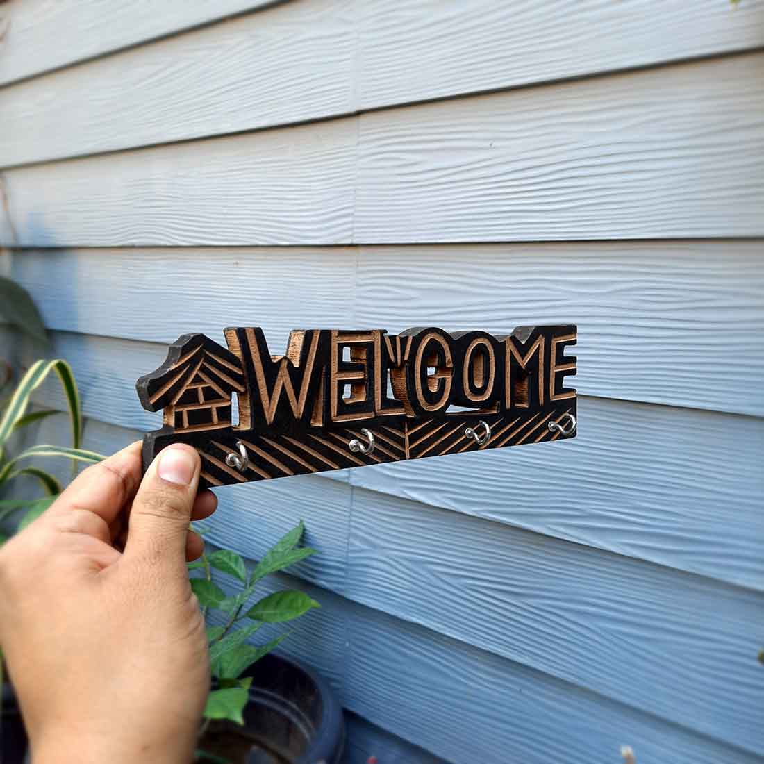 Key Holder Wall Hanging | Key Hook Stand - Welcome Design | Wooden Keys Organizer - For Home, Entrance, Office Decor & Gifts - 10 Inch (4 Hooks)