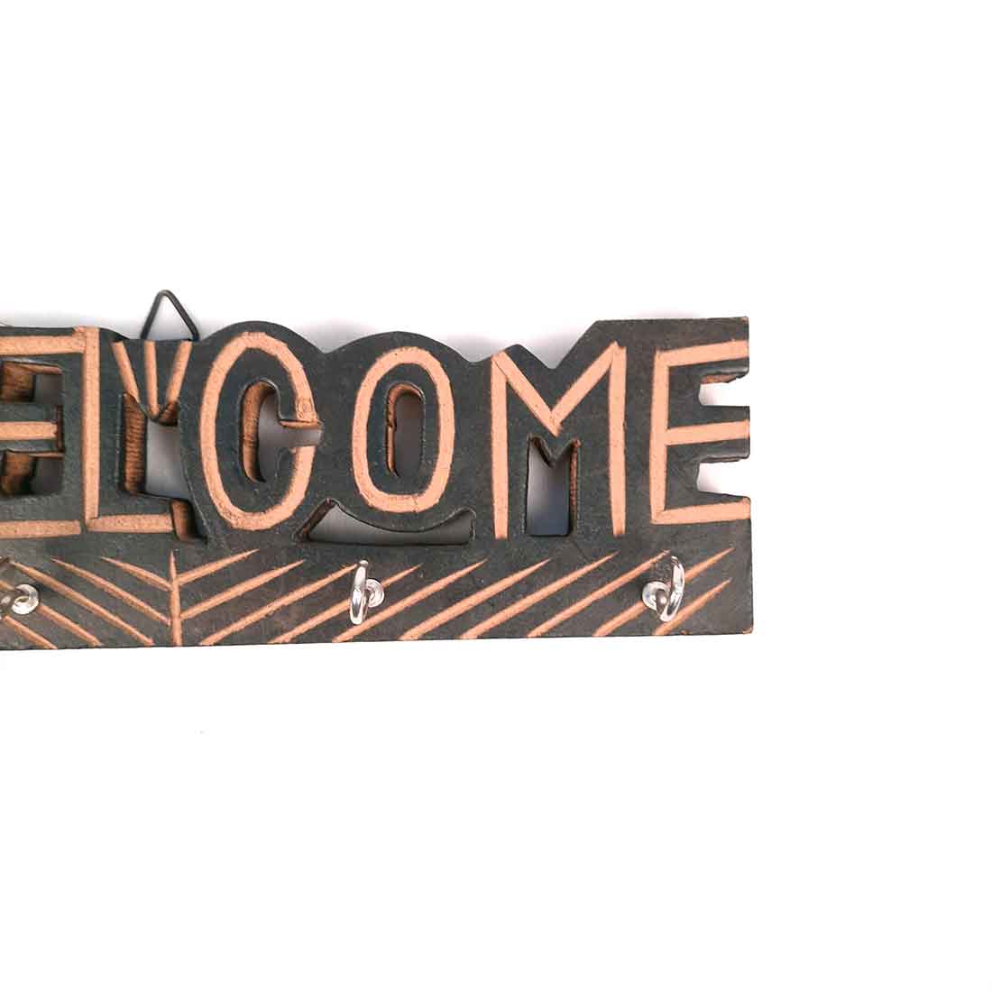 Key Holder Wall Hanging | Key Hook Stand - Welcome Design | Wooden Keys Organizer - For Home, Entrance, Office Decor & Gifts - 10 Inch (4 Hooks)
