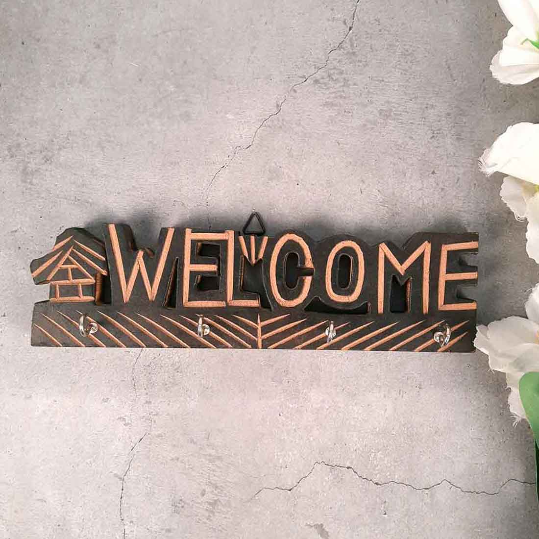 Key Holder Wall Hanging | Key Hook Stand - Welcome Design | Wooden Keys Organizer - For Home, Entrance, Office Decor & Gifts - 10 Inch (4 Hooks)