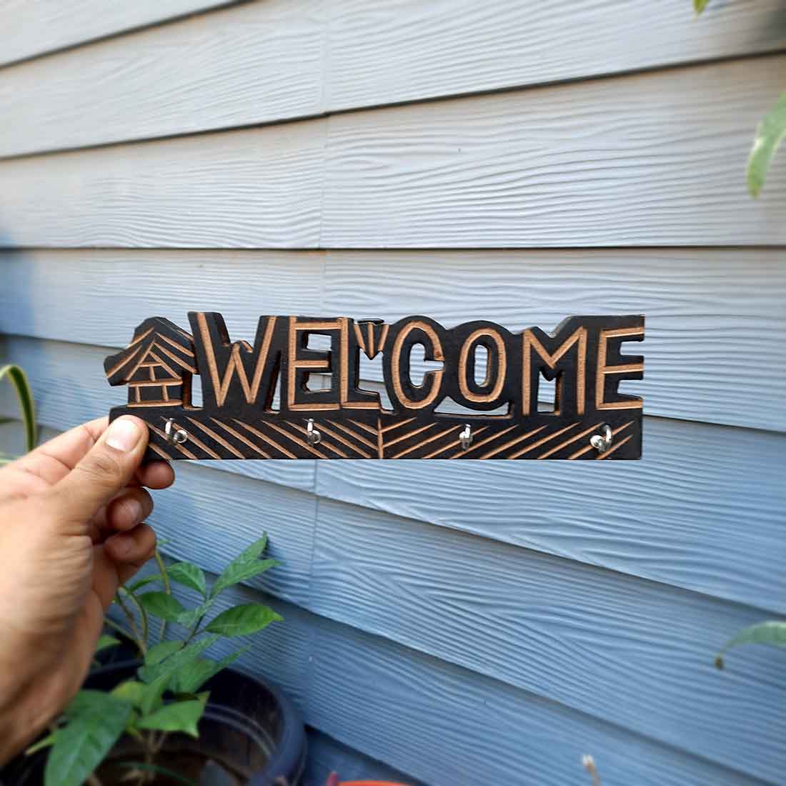 Key Holder Wall Hanging | Key Hook Stand - Welcome Design | Wooden Keys Organizer - For Home, Entrance, Office Decor & Gifts - 10 Inch (4 Hooks)