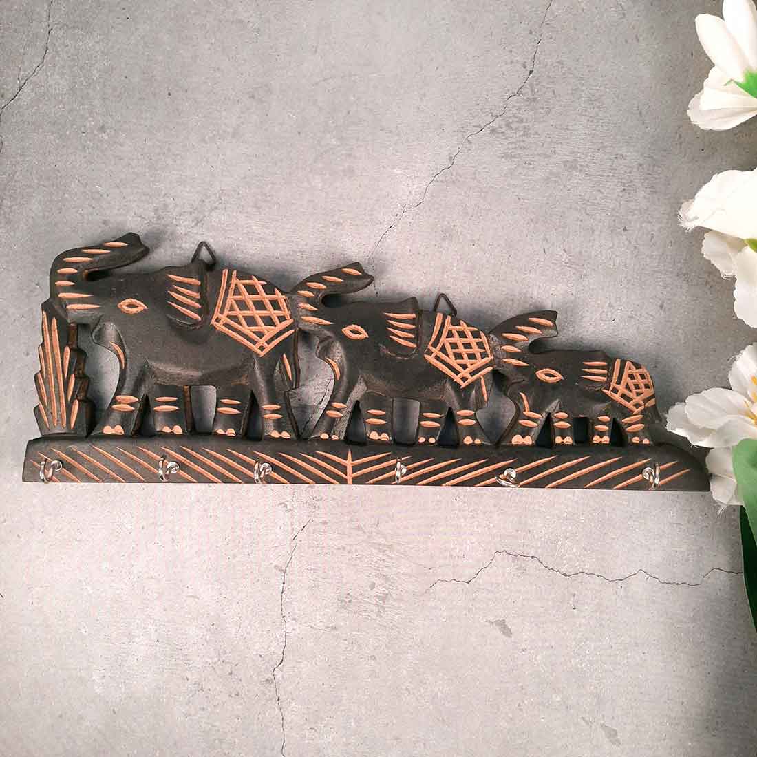 Elephant Key Holder for Wall | Wooden Key Stand with Hooks | Decorative Elephant Design Key Organizer for Home & Office - 12 Inch (6 Hooks) - Apkamart #Style_Design 2