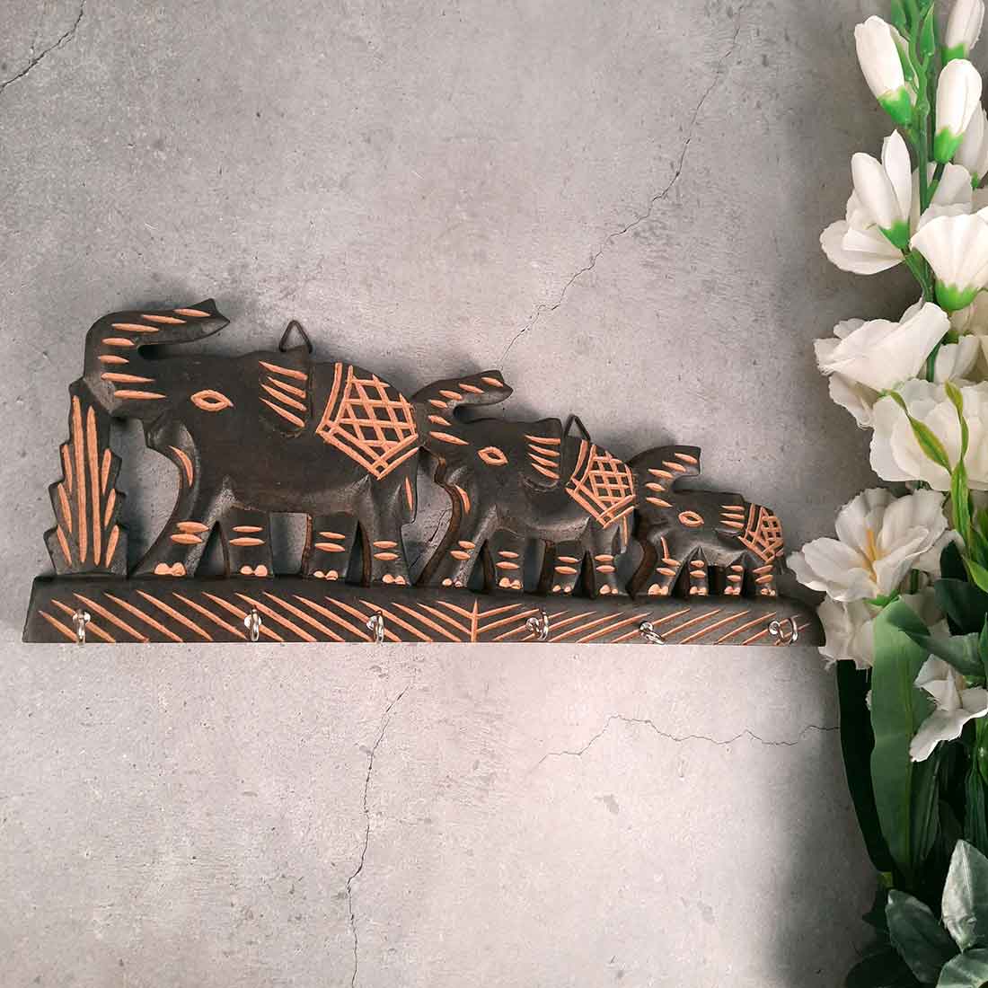 Elephant Key Holder for Wall | Wooden Key Stand with Hooks | Decorative Elephant Design Key Organizer for Home & Office - 12 Inch (6 Hooks) - Apkamart #Style_Design 2