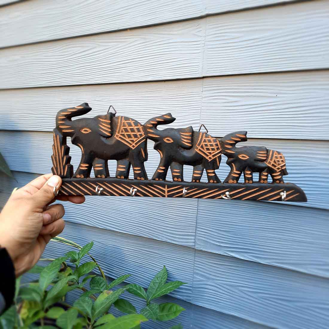 Elephant Key Holder for Wall | Wooden Key Stand with Hooks | Decorative Elephant Design Key Organizer for Home & Office - 12 Inch (6 Hooks) - Apkamart #Style_Design 2