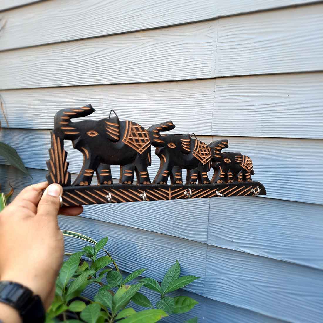 Elephant Key Holder for Wall | Wooden Key Stand with Hooks | Decorative Elephant Design Key Organizer for Home & Office - 12 Inch (6 Hooks) - Apkamart #Style_Design 2