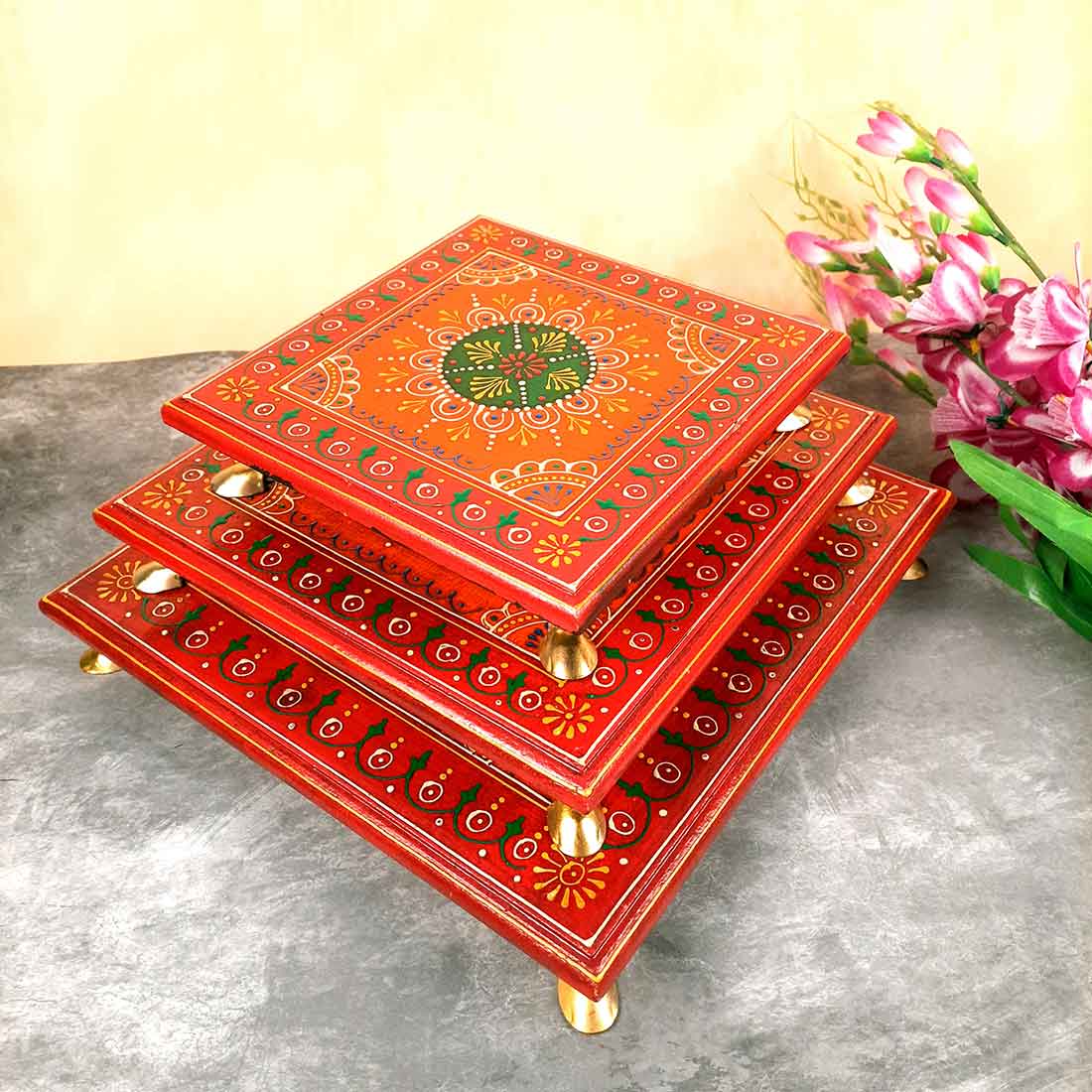 Wooden Pooja Bajot - Decorative Choki For Pooja & Festivals - 8,10 & 12 Inch- Set of 3 - Apkamart#color_Red