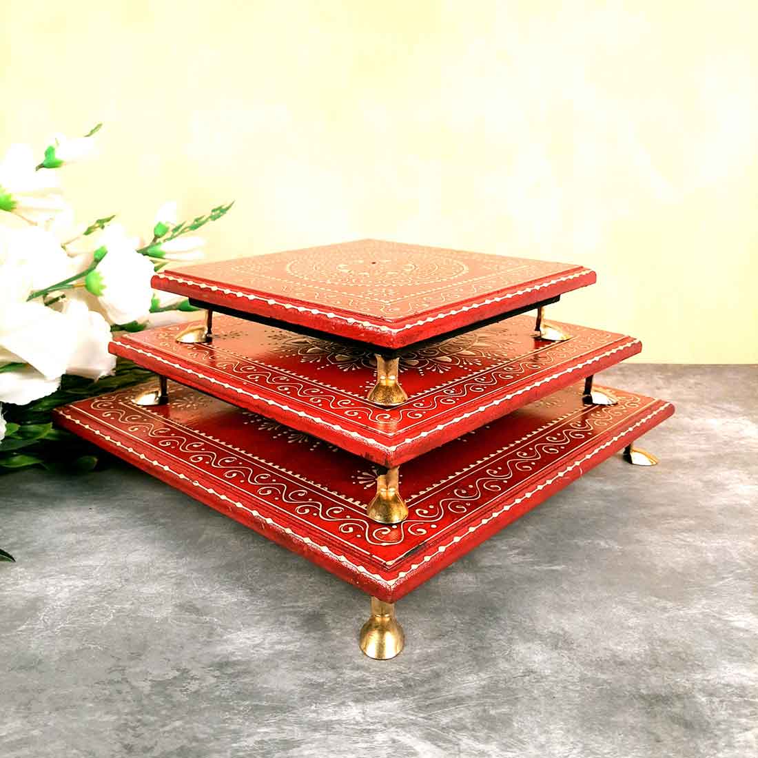 Puja Chowki Bajot | Wooden Chauki - For Pooja & Gifts - 8,10 & 12 Inch - Set of 3 - Apkamart #Style_Design 1
