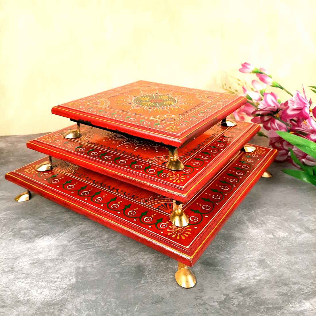 Wooden Pooja Bajot - Decorative Choki For Pooja & Festivals - 8,10 & 12 Inch- Set of 3 - Apkamart#color_Red