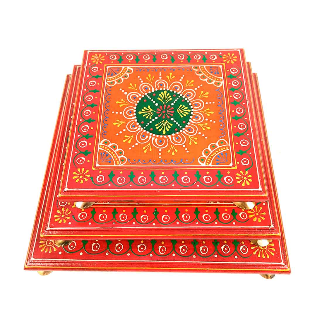 Wooden Pooja Bajot - Decorative Choki For Pooja & Festivals - 8,10 & 12 Inch- Set of 3 - Apkamart#color_Red