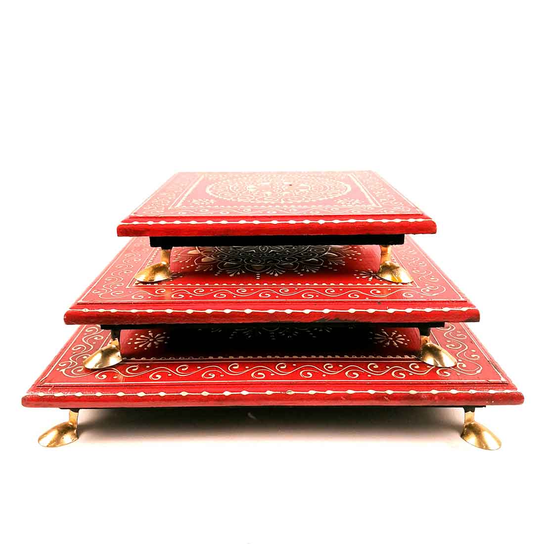 Puja Chowki Bajot | Wooden Chauki - For Pooja & Gifts - 8,10 & 12 Inch - Set of 3 - Apkamart #Style_Design 1