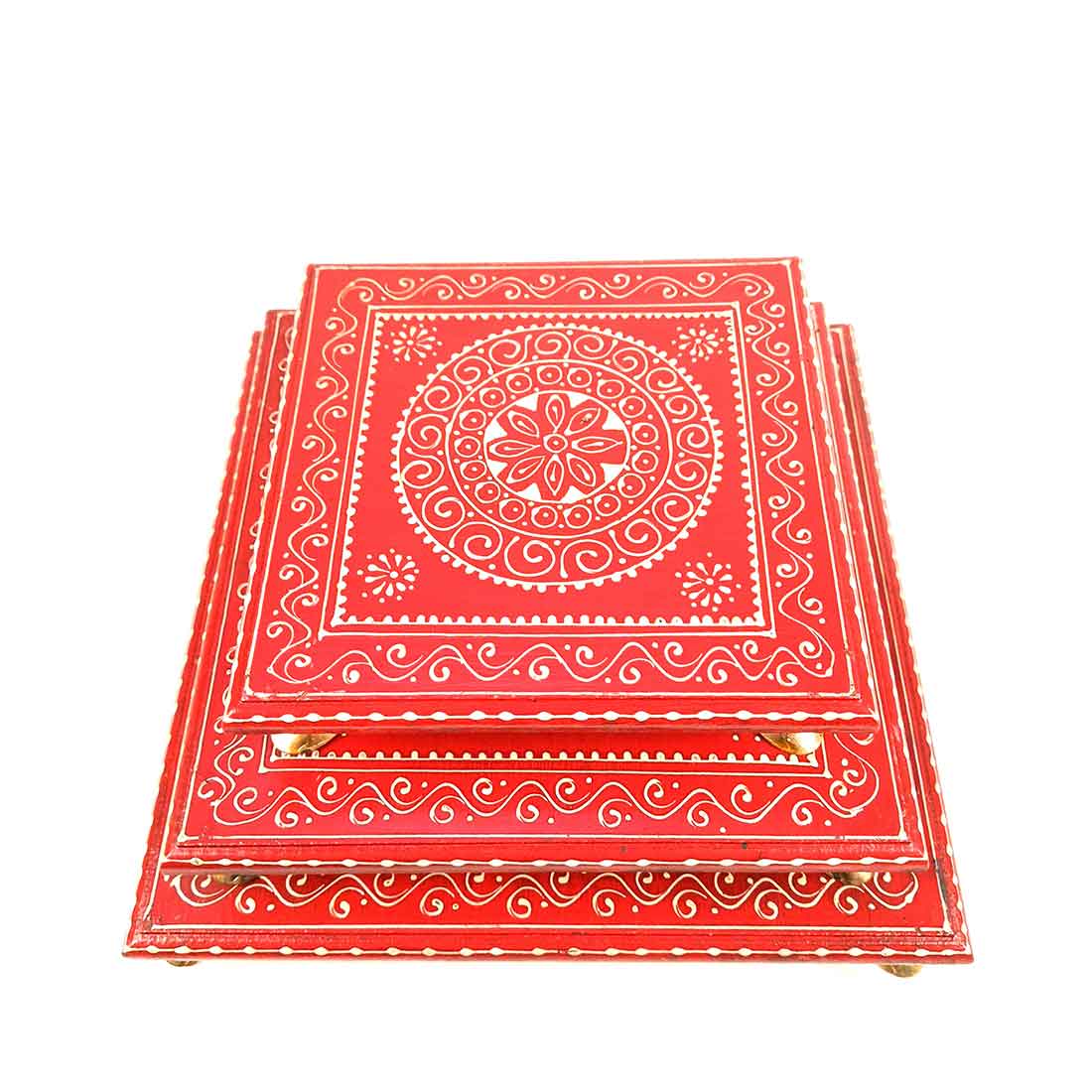 Puja Chowki Bajot | Wooden Chauki - For Pooja & Gifts - 8,10 & 12 Inch - Set of 3 - Apkamart #Style_Design 1