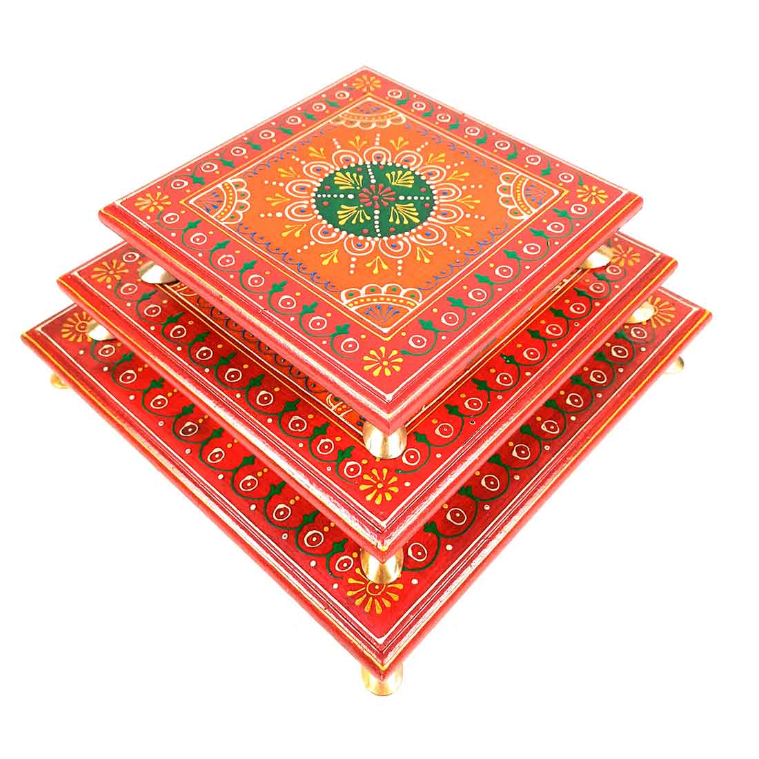Wooden Pooja Bajot - Decorative Choki For Pooja & Festivals - 8,10 & 12 Inch- Set of 3 - Apkamart#color_Red