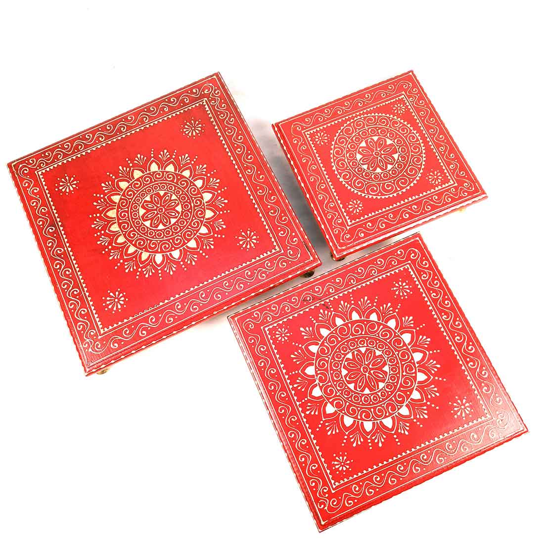 Puja Chowki Bajot | Wooden Chauki - For Pooja & Gifts - 8,10 & 12 Inch - Set of 3 - Apkamart #Style_Design 1