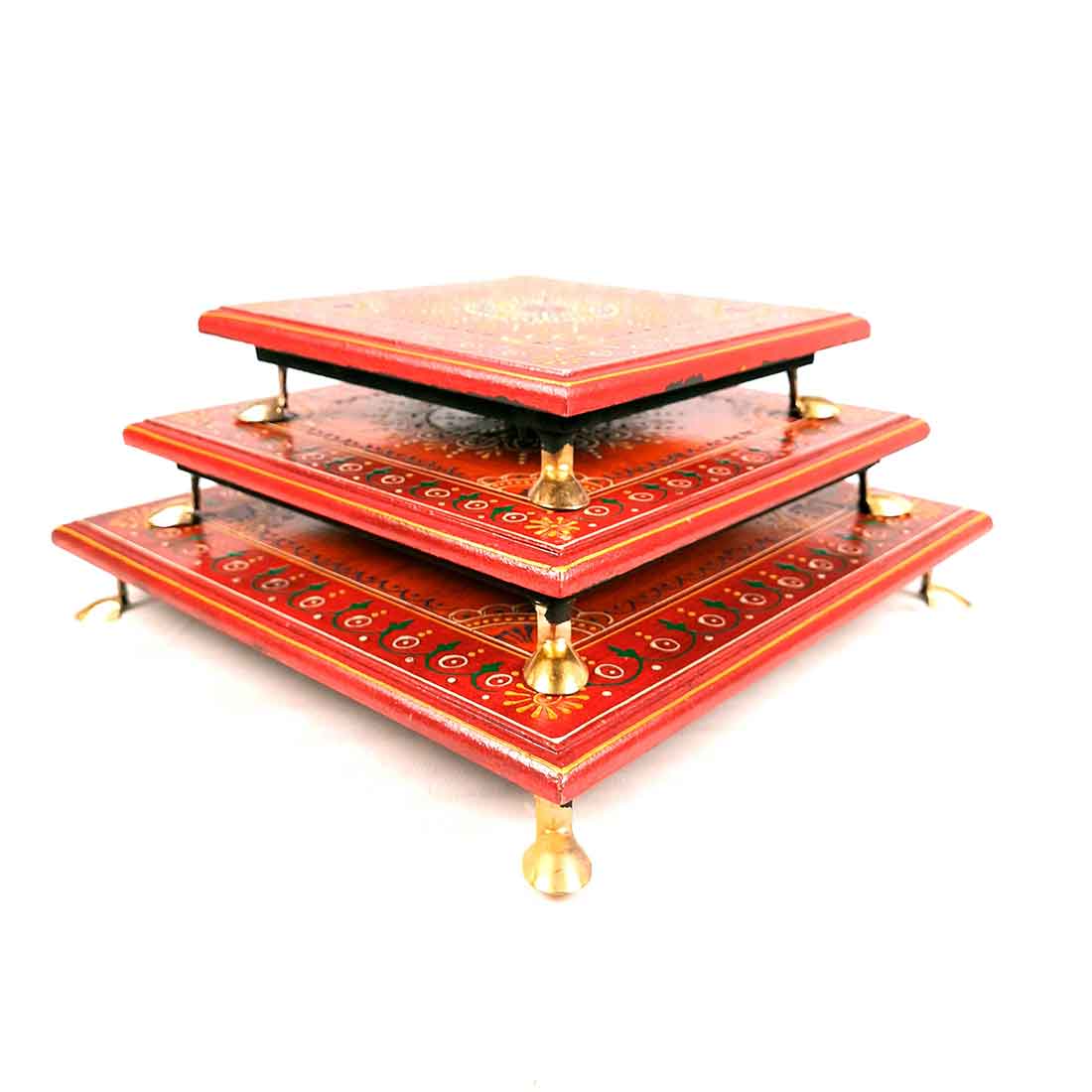 Wooden Pooja Bajot - Decorative Choki For Pooja & Festivals - 8,10 & 12 Inch- Set of 3 - Apkamart#color_Red