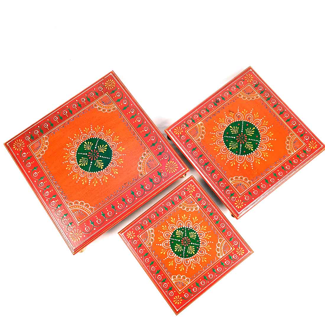 Wooden Pooja Bajot - Decorative Choki For Pooja & Festivals - 8,10 & 12 Inch- Set of 3 - Apkamart#color_Red