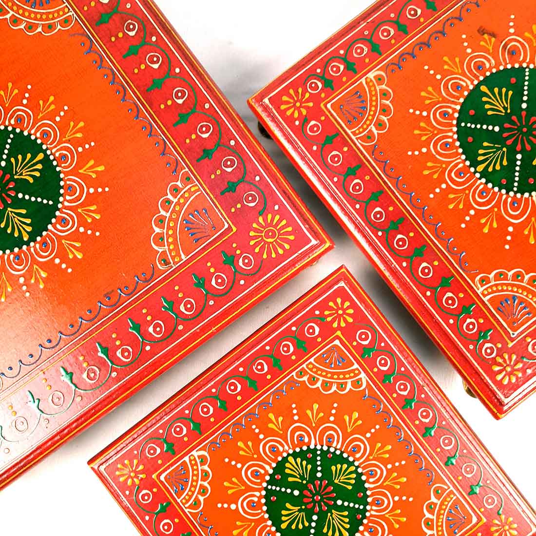 Wooden Pooja Bajot - Decorative Choki For Pooja & Festivals - 8,10 & 12 Inch- Set of 3 - Apkamart#color_Red