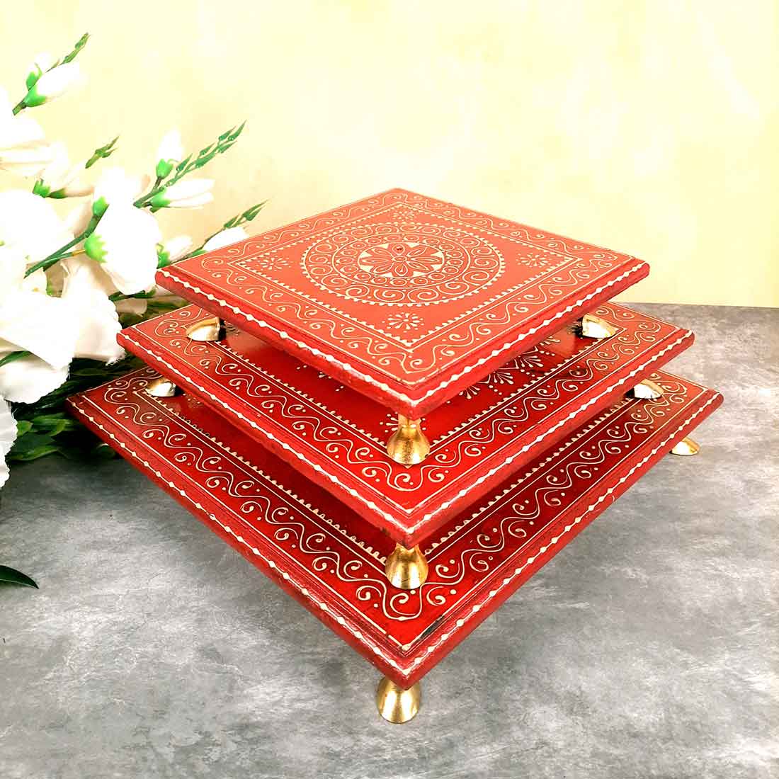 Puja Chowki Bajot | Wooden Chauki - For Pooja & Gifts - 8,10 & 12 Inch - Set of 3 - Apkamart #Style_Design 1