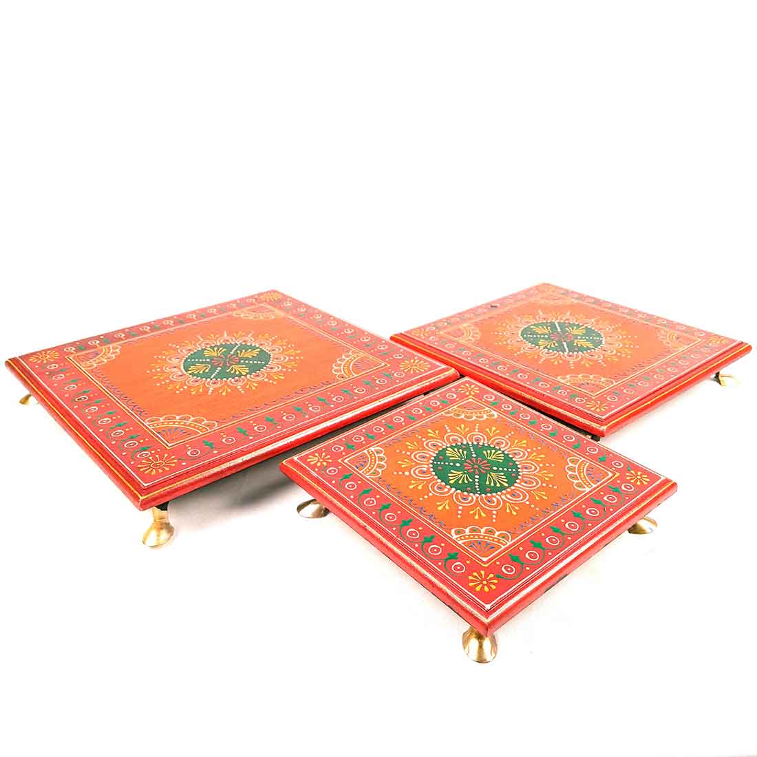 Wooden Pooja Bajot - Decorative Choki For Pooja & Festivals - 8,10 & 12 Inch- Set of 3 - Apkamart#color_Red