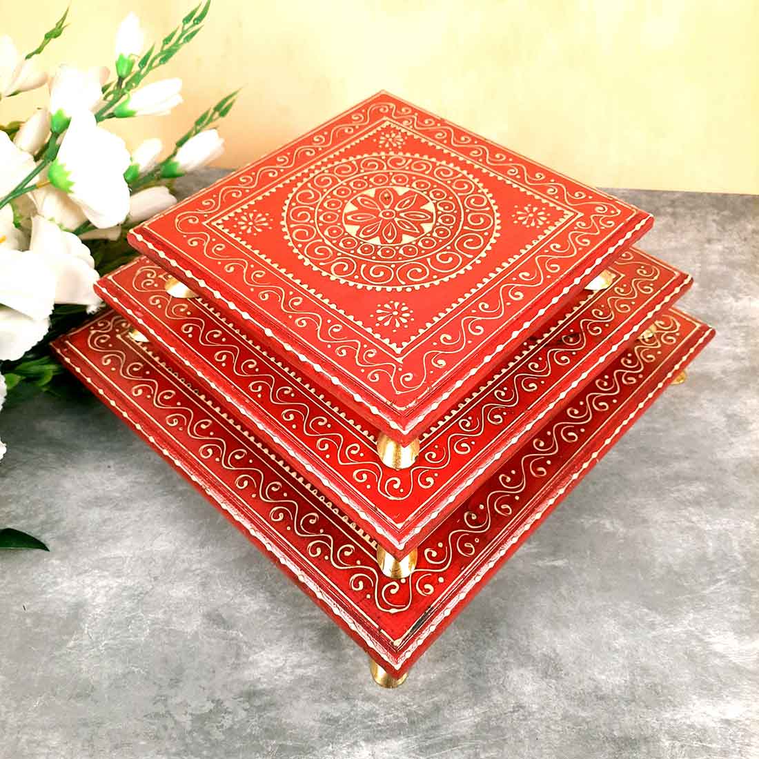 Puja Chowki Bajot | Wooden Chauki - For Pooja & Gifts - 8,10 & 12 Inch - Set of 3 - Apkamart #Style_Design 1