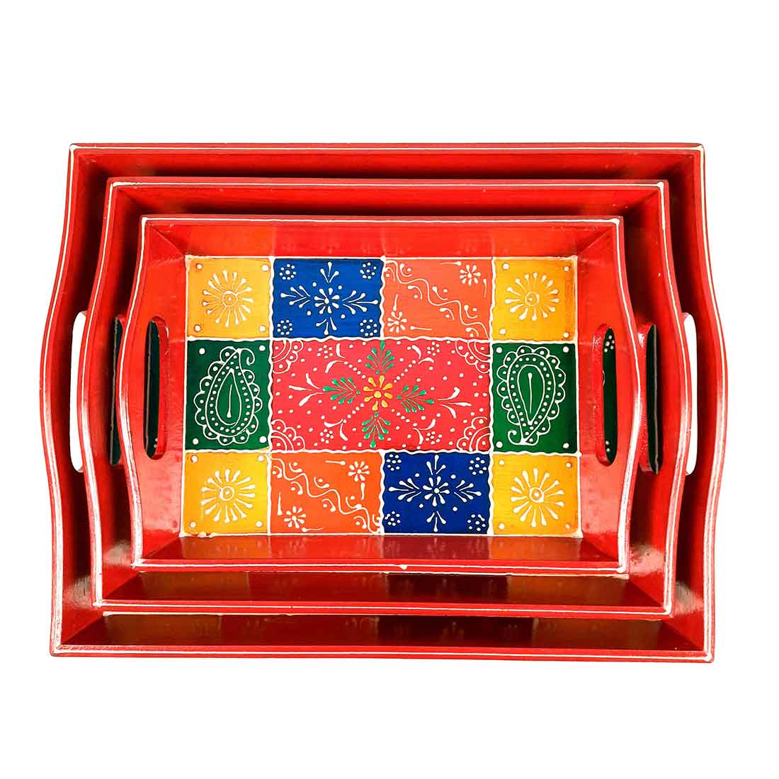 Tray Wooden | Tea & Snacks Serving Platter | Decorative Handcrafted Trays - for Home, Dining Table, Kitchen Decor | Wedding & Housewarming Gift - Set of 3 - 14 Inch