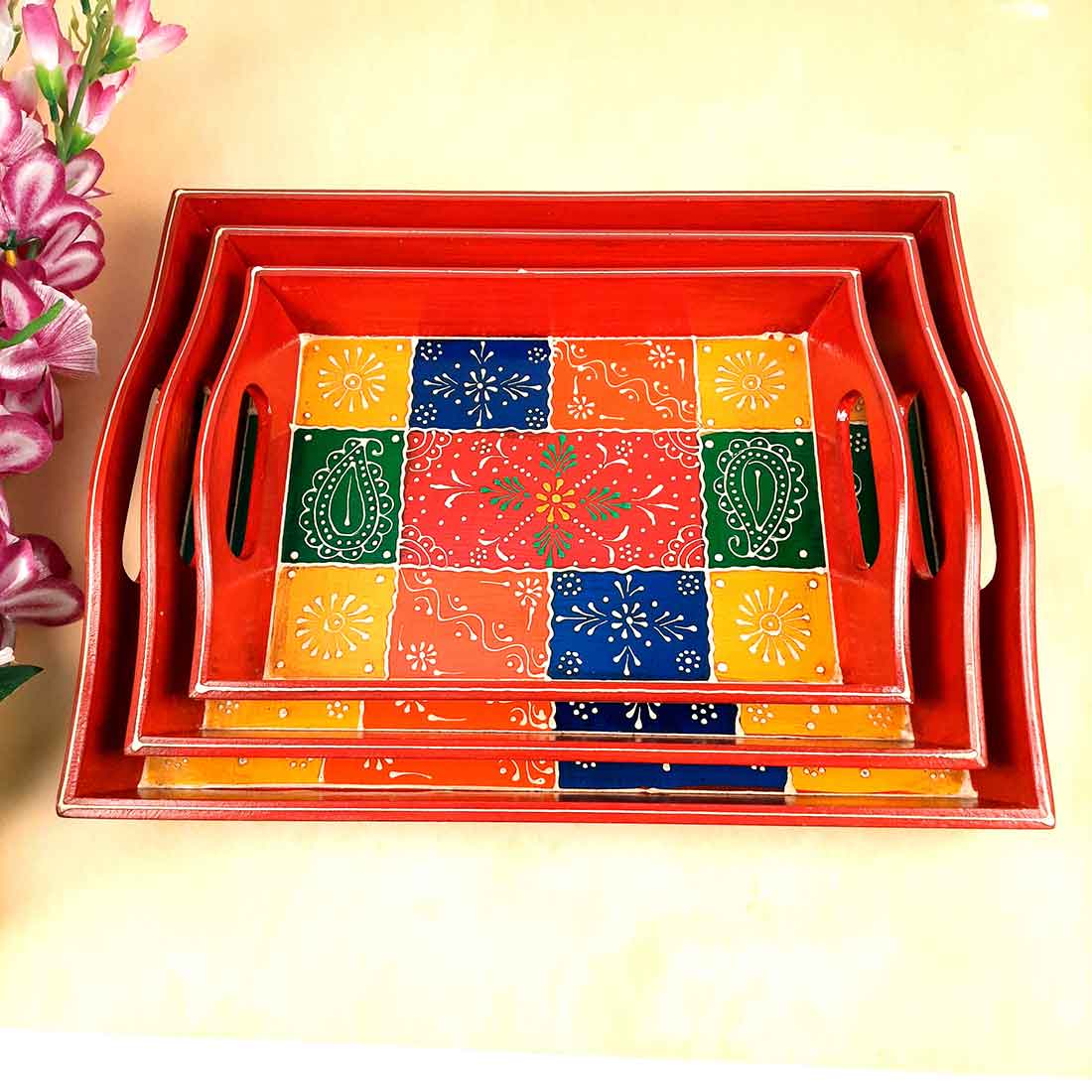 Tray Wooden | Tea & Snacks Serving Platter | Decorative Handcrafted Trays - for Home, Dining Table, Kitchen Decor | Wedding & Housewarming Gift - Set of 3 - 14 Inch