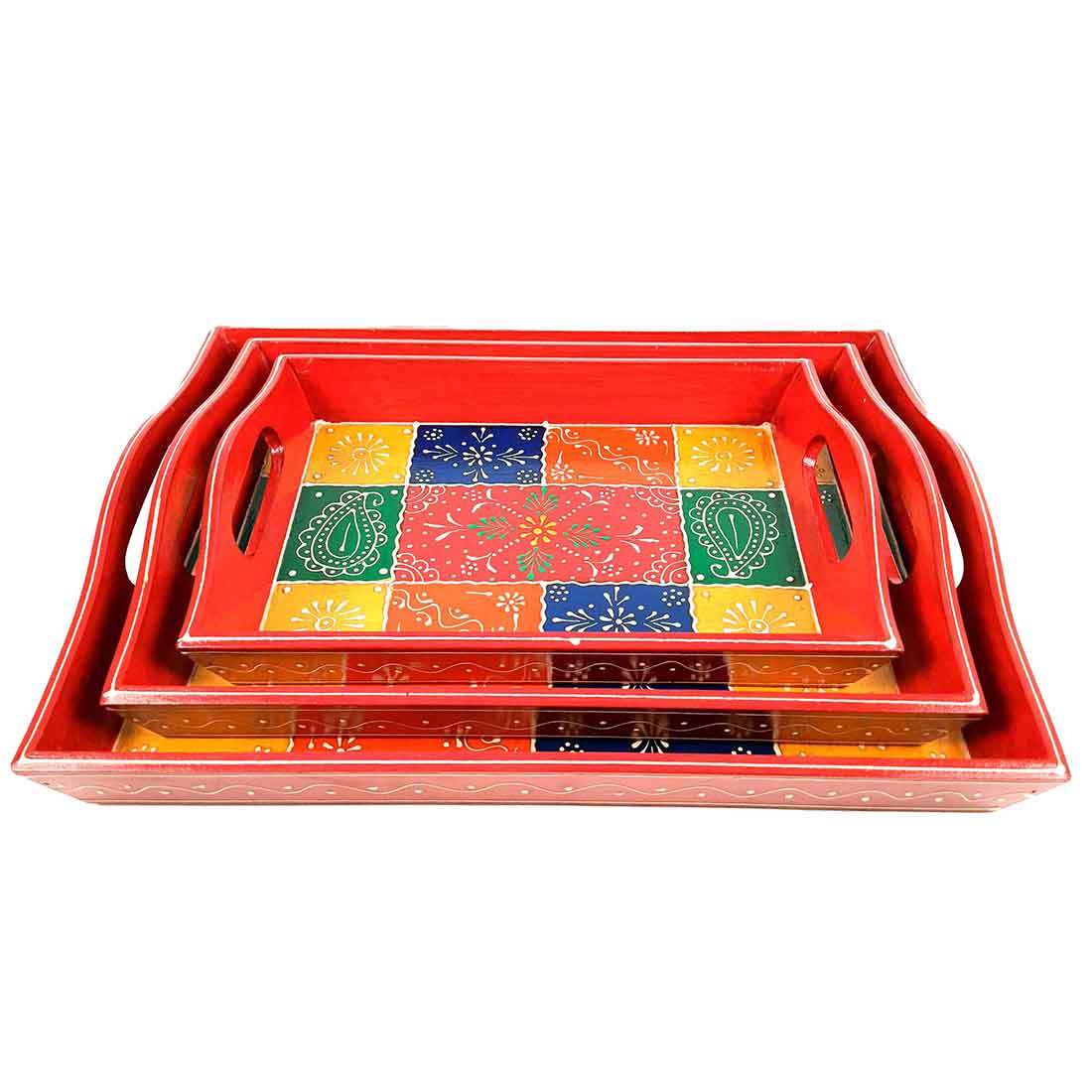 Tray Wooden | Tea & Snacks Serving Platter | Decorative Handcrafted Trays - for Home, Dining Table, Kitchen Decor | Wedding & Housewarming Gift - Set of 3 - 14 Inch