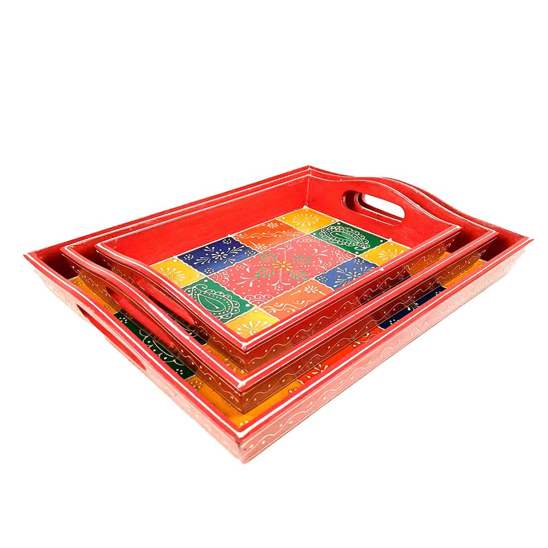 Tray Wooden | Tea & Snacks Serving Platter | Decorative Handcrafted Trays - for Home, Dining Table, Kitchen Decor | Wedding & Housewarming Gift - Set of 3 - 14 Inch