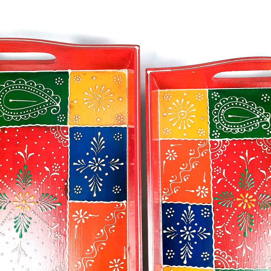 Tray Wooden | Tea & Snacks Serving Platter | Decorative Handcrafted Trays - for Home, Dining Table, Kitchen Decor | Wedding & Housewarming Gift - Set of 3 - 14 Inch