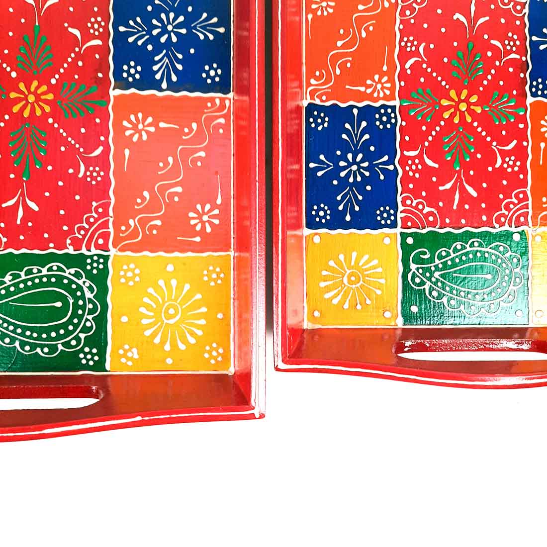 Tray Wooden | Tea & Snacks Serving Platter | Decorative Handcrafted Trays - for Home, Dining Table, Kitchen Decor | Wedding & Housewarming Gift - Set of 3 - 14 Inch