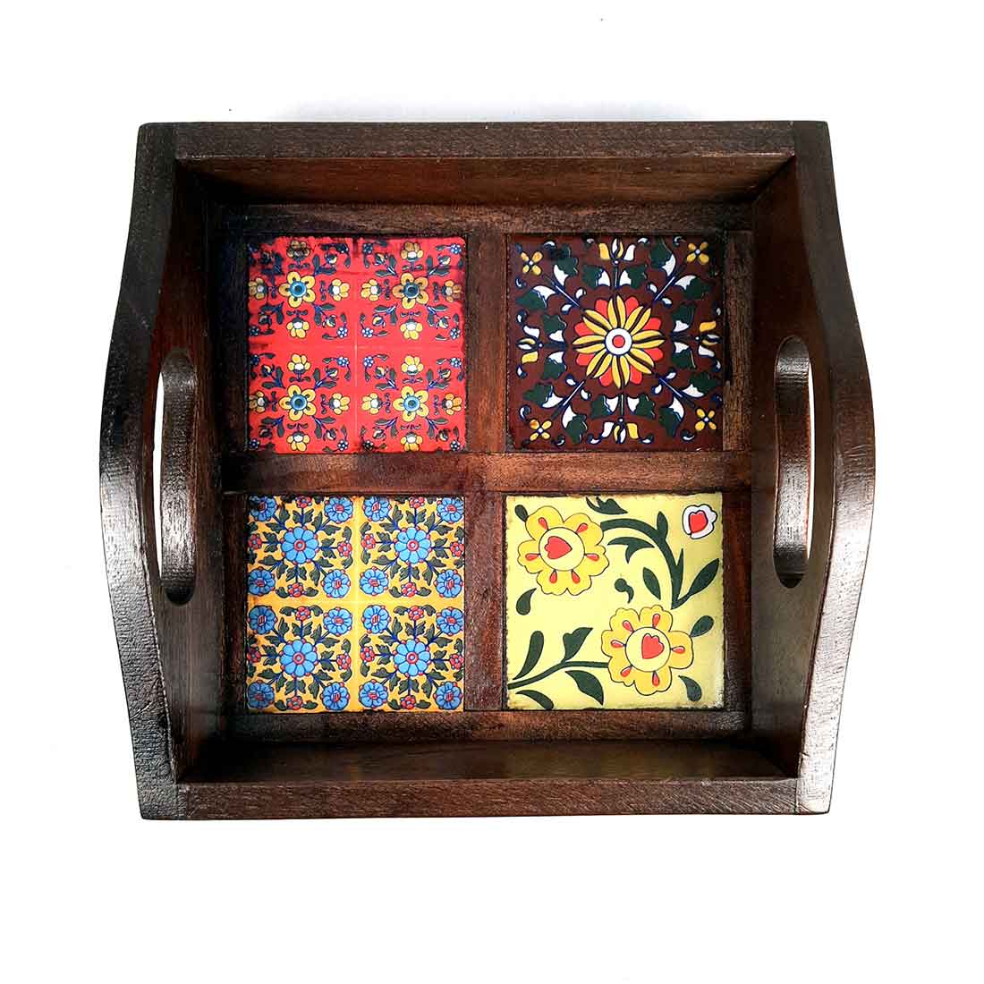 Serving Tray With In-Built Ceramic Tiles | Tea Tray - For Serving, Kitchen, Home Decor & Gifts - 9 Inch -Apkamart #Style_Classic