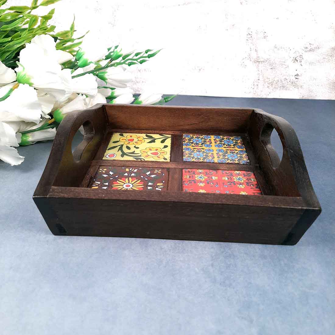 Serving Tray With In-Built Ceramic Tiles | Tea Tray - For Serving, Kitchen, Home Decor & Gifts - 9 Inch -Apkamart #Style_Classic