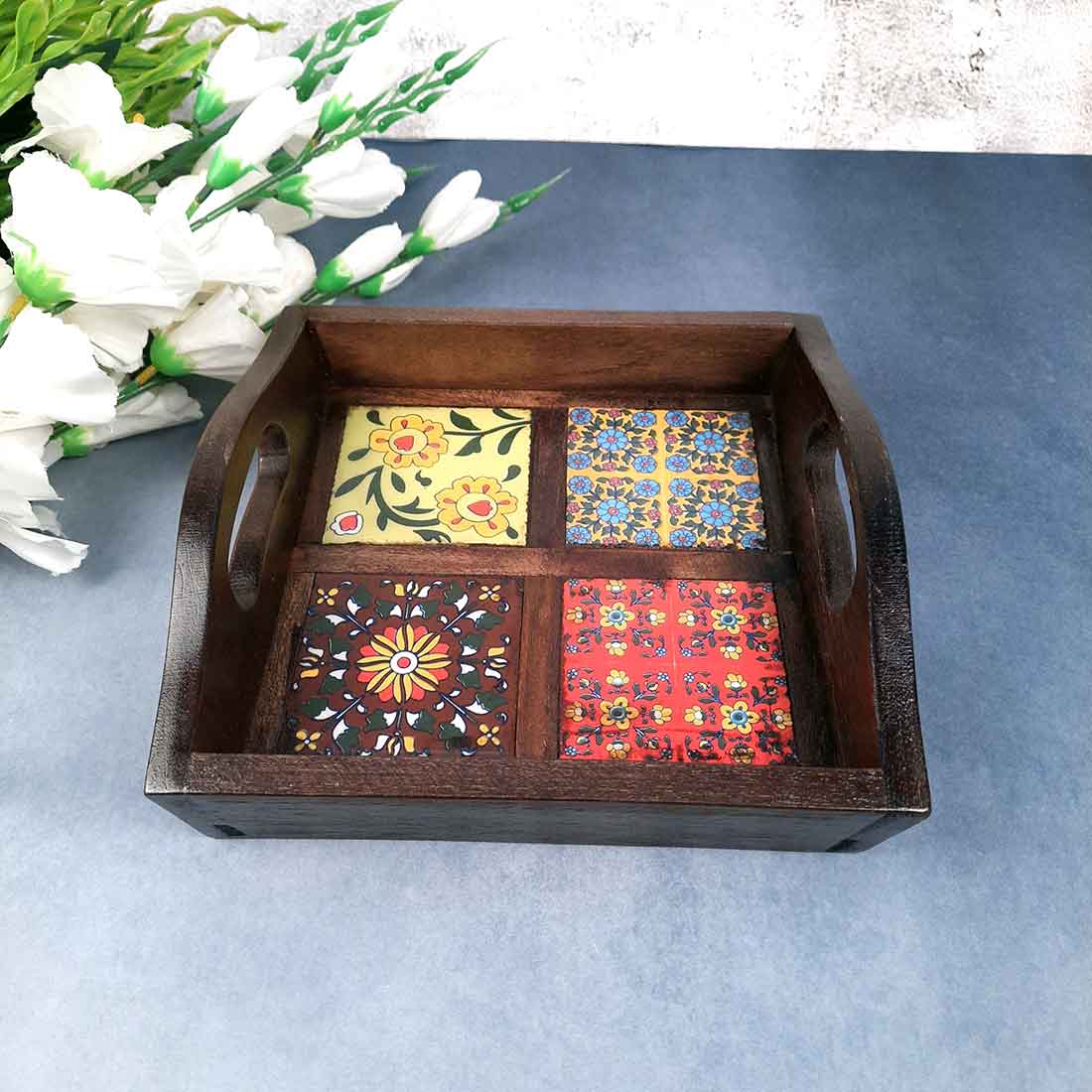 Serving Tray With In-Built Ceramic Tiles | Tea Tray - For Serving, Kitchen, Home Decor & Gifts - 9 Inch -Apkamart #Style_Classic