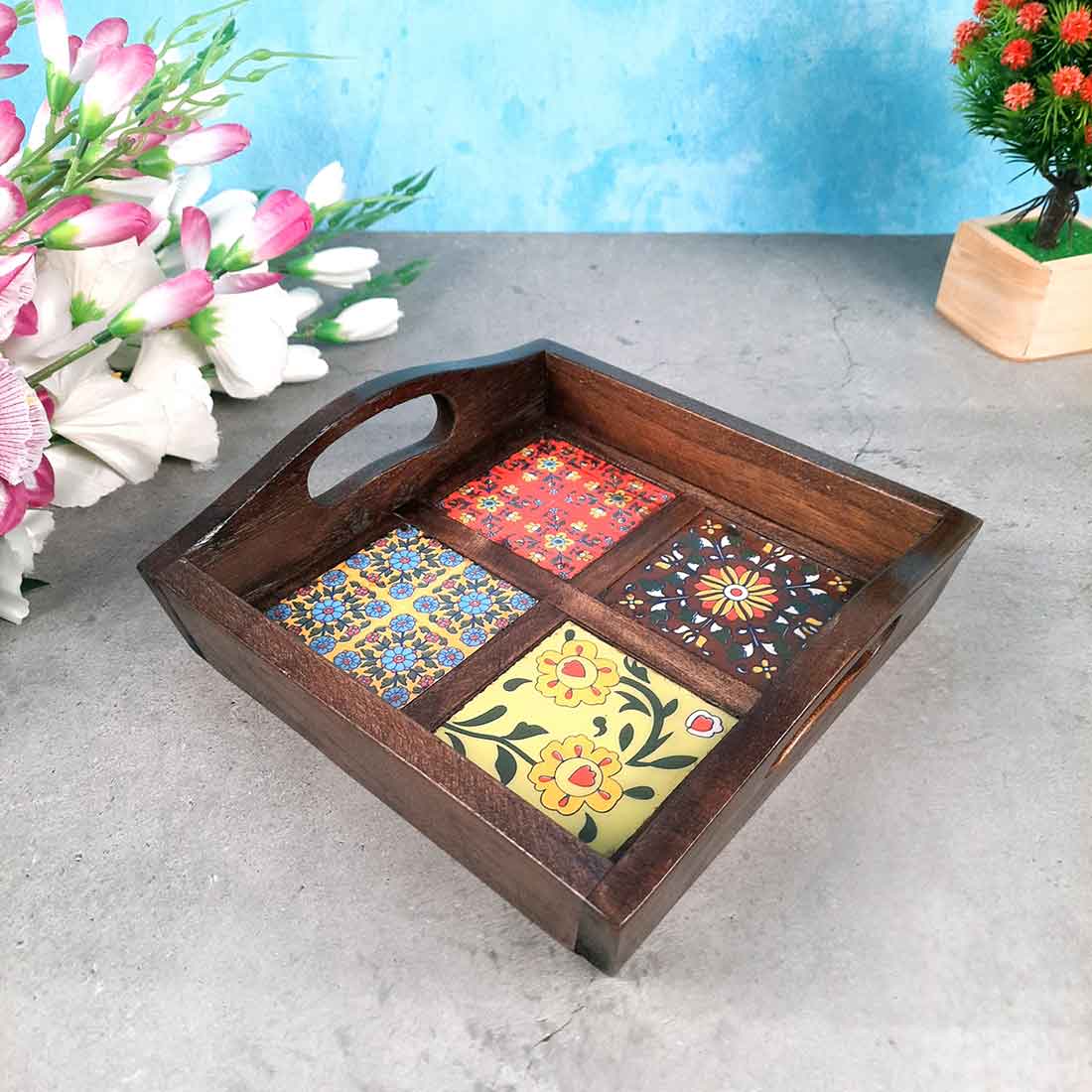 Serving Tray With In-Built Ceramic Tiles | Tea Tray - For Serving, Kitchen, Home Decor & Gifts - 9 Inch -Apkamart #Style_Classic