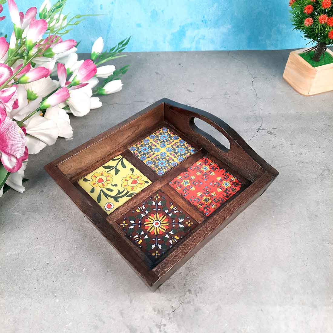 Serving Tray With In-Built Ceramic Tiles | Tea Tray - For Serving, Kitchen, Home Decor & Gifts - 9 Inch -Apkamart #Style_Classic