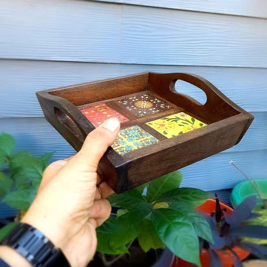 Serving Tray With In-Built Ceramic Tiles | Tea Tray - For Serving, Kitchen, Home Decor & Gifts - 9 Inch -Apkamart #Style_Classic