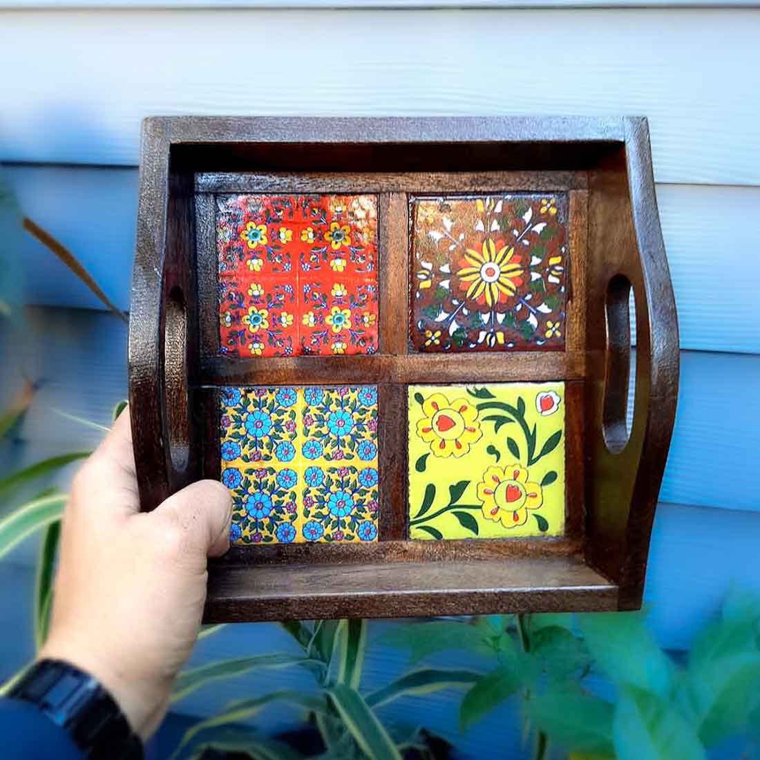 Serving Tray With In-Built Ceramic Tiles | Tea Tray - For Serving, Kitchen, Home Decor & Gifts - 9 Inch -Apkamart #Style_Classic