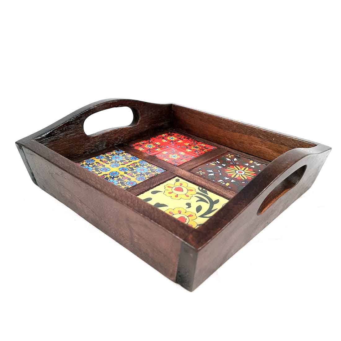 Serving Tray With In-Built Ceramic Tiles | Tea Tray - For Serving, Kitchen, Home Decor & Gifts - 9 Inch -Apkamart #Style_Classic