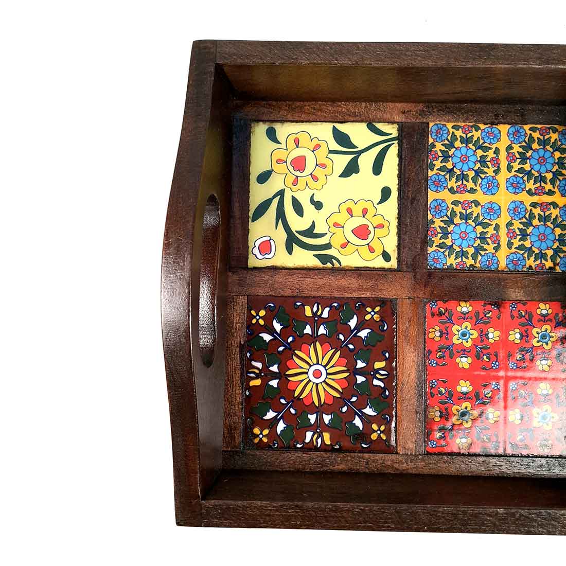 Serving Tray With In-Built Ceramic Tiles | Tea Tray - For Serving, Kitchen, Home Decor & Gifts - 9 Inch -Apkamart #Style_Classic