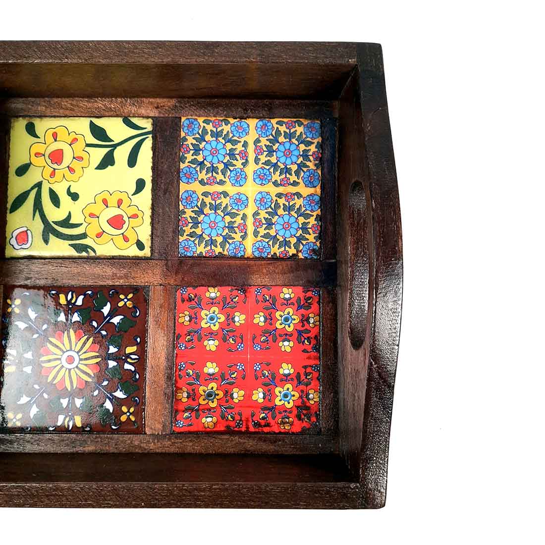 Serving Tray With In-Built Ceramic Tiles | Tea Tray - For Serving, Kitchen, Home Decor & Gifts - 9 Inch -Apkamart #Style_Classic