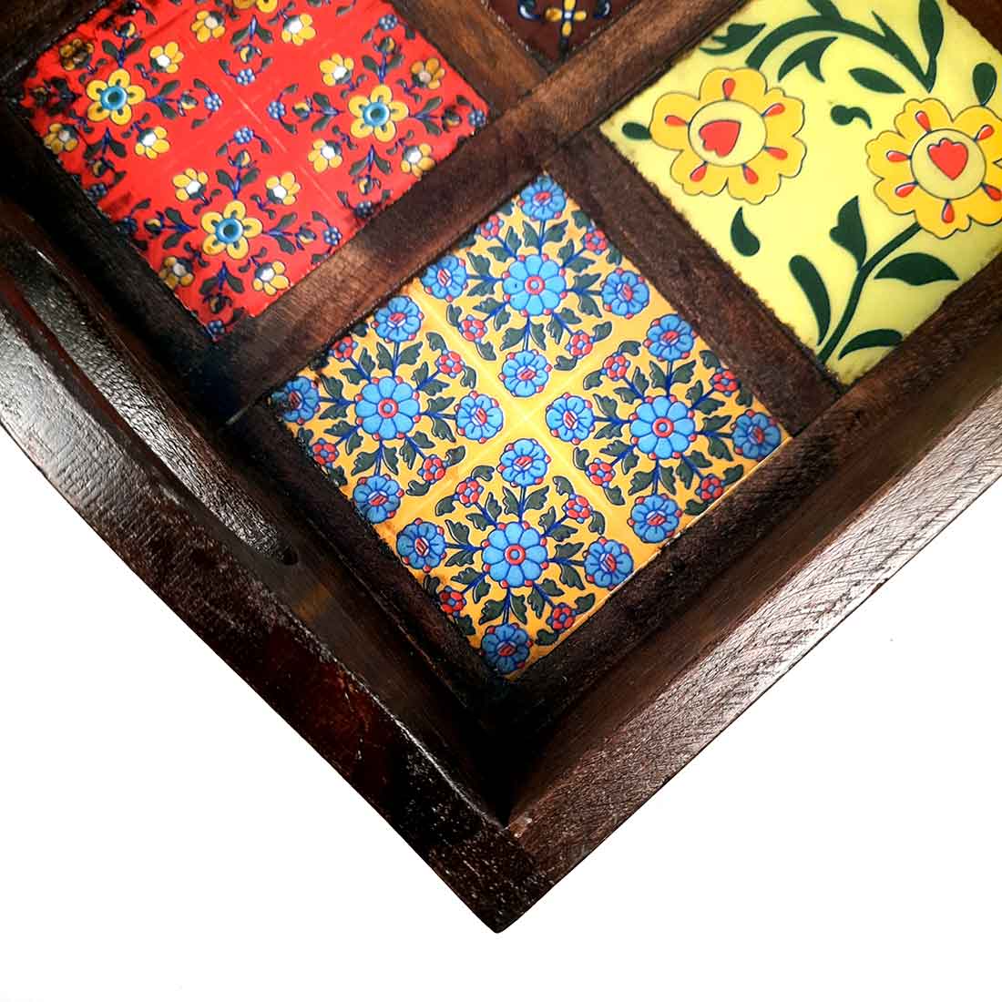 Serving Tray With In-Built Ceramic Tiles | Tea Tray - For Serving, Kitchen, Home Decor & Gifts - 9 Inch -Apkamart #Style_Classic