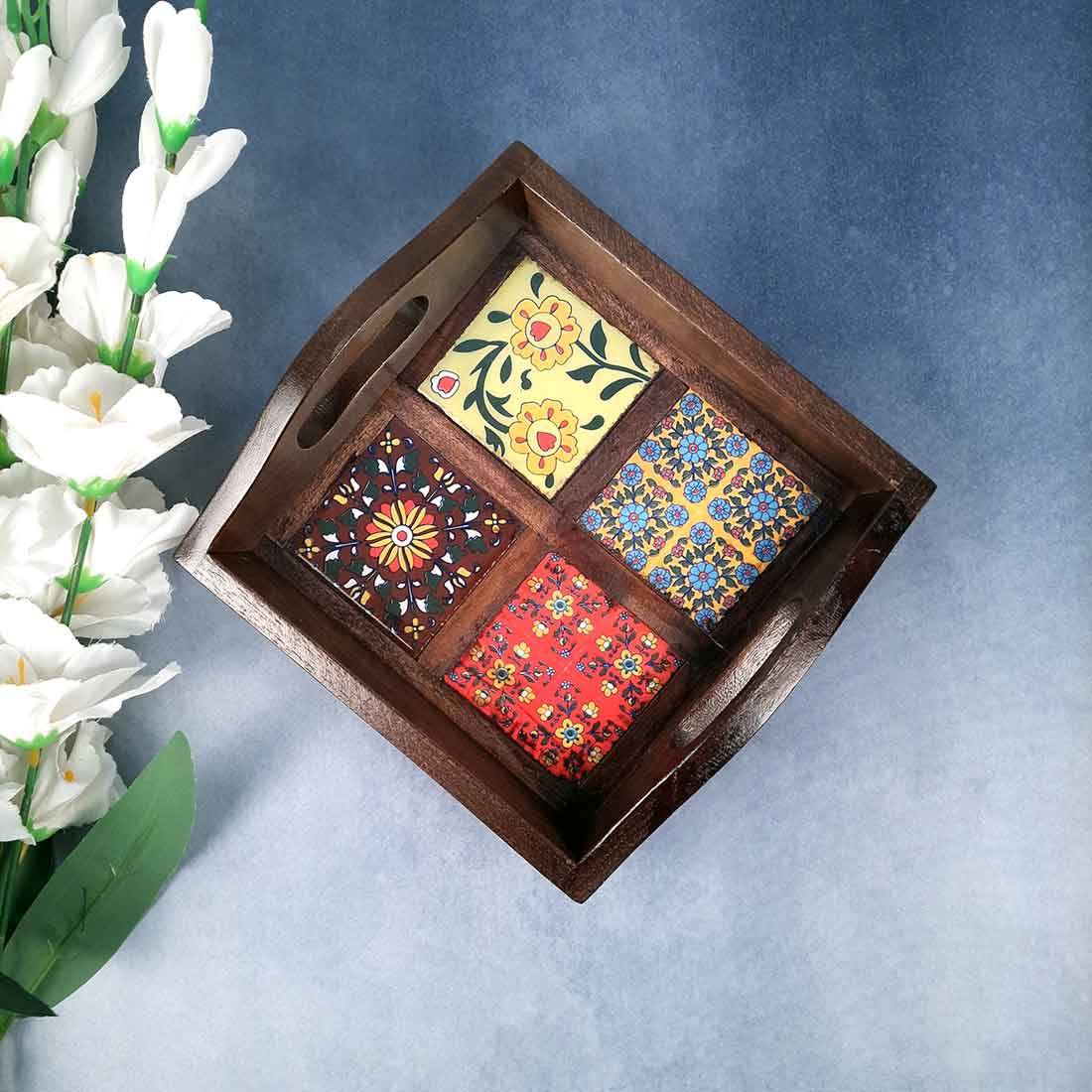 Serving Tray With In-Built Ceramic Tiles | Tea Tray - For Serving, Kitchen, Home Decor & Gifts - 9 Inch -Apkamart #Style_Classic